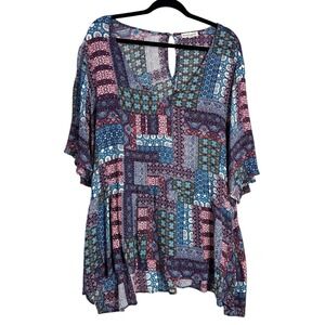 LOVE ON A HANGER Womens‎ Plus Patchwork Print Short Sleeve Top Blouse 2X Boho